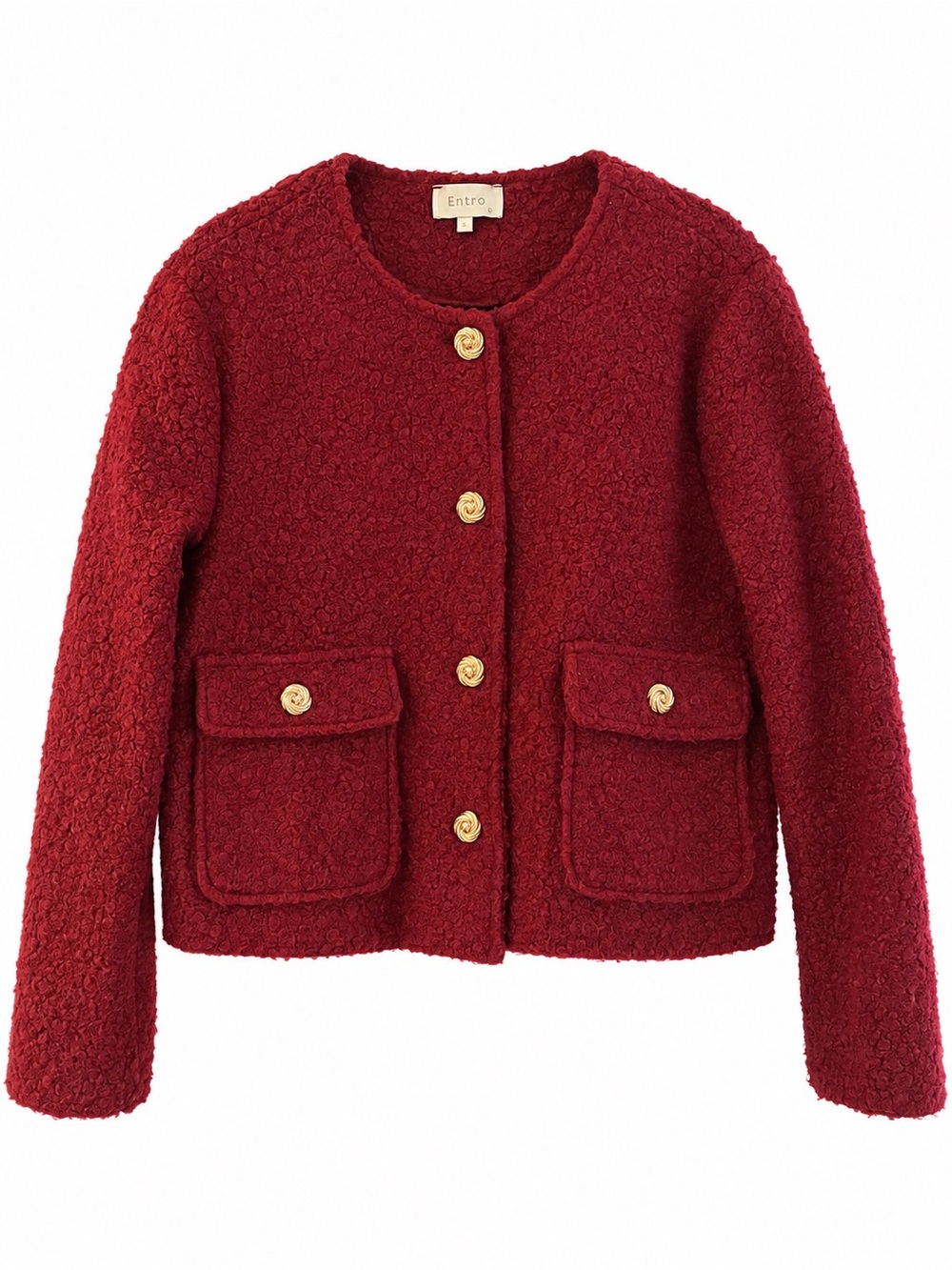 Entro Burgundy Bouclé Cropped Jacket Gold Buttons Size S
